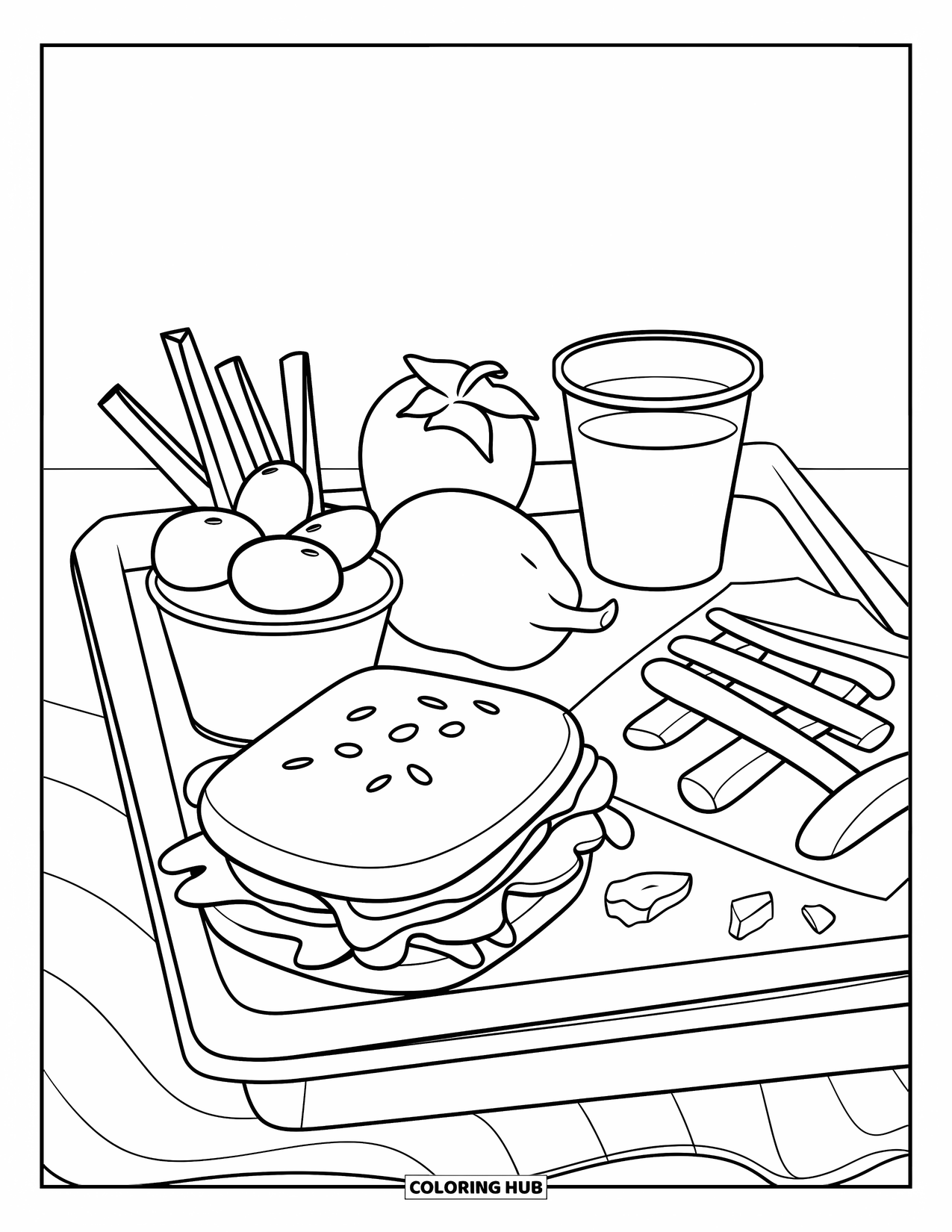 Nutrition Coloring Page for Kids: Tasty bites fill a tray with a sandwich, fruit, and veggie sticks