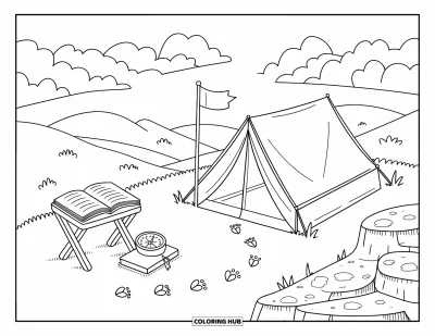 Desenho de cenas ao ar livre para colorir para adultos: Uma barraca confortável repousa tranquilamente numa encosta de montanha com uma trilha de pegadinhas