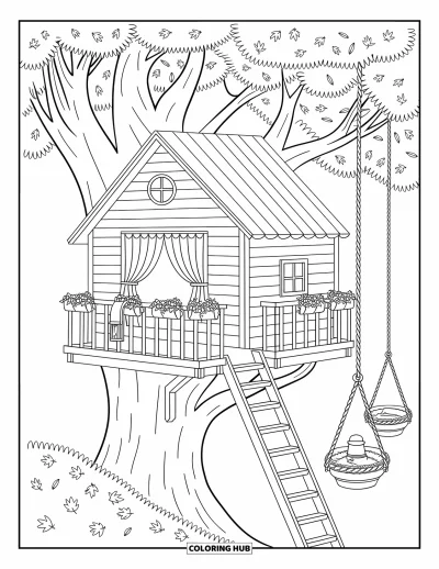 Desenho de cenas ao ar livre para colorir para adultos: Uma casinha na árvore encantadora aparece entre as folhas com flores, um balde numa roldana e cortinas ao vento