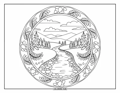 Desenho de cenas ao ar livre para colorir para adultos: Uma cena de rio fluindo envolve a vegetação dentro de uma mandala de samambaias e pedrinhas