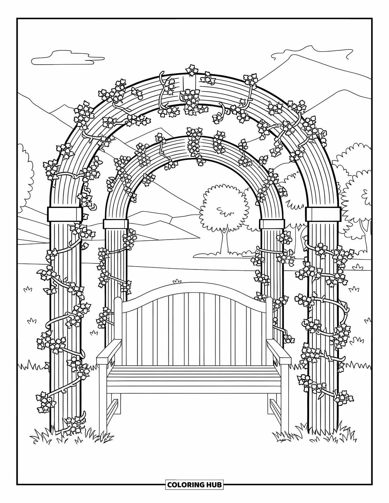 Outdoor Coloring Page for Adults: A garden bench rests quietly under an arbor of curling vines and flowers