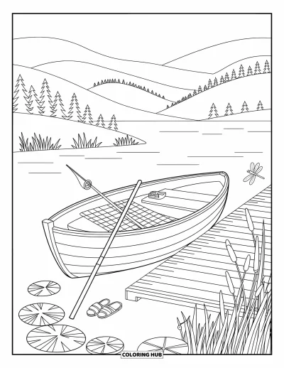 Desenho de cenas ao ar livre para colorir para adultos: Uma cena serena de lago com sapos, libélulas e um barco amarrado a um cais de madeira