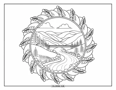 Desenho de cenas ao ar livre para colorir para adultos: Um rio suave serpenteia por árvores e uma ponte dentro de uma mandala de samambaias