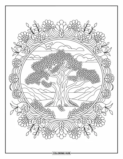 Desenho de cenas ao ar livre para colorir para adultos: Um grande carvalho cercado por videiras e flores num padrão de mandala