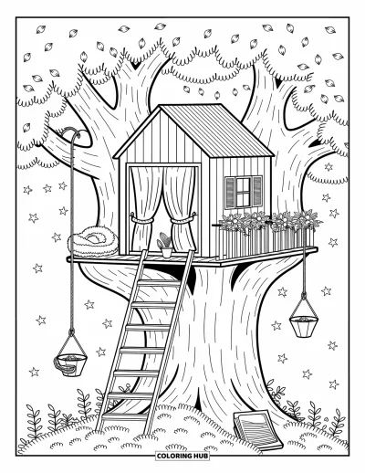 Desenho de cenas ao ar livre para colorir para adultos: Uma casinha na árvore com vasos de flores e um livro repousando tranquilamente no deck