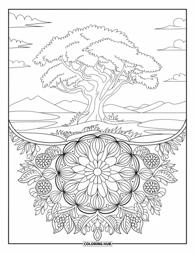 Desenho de cenas ao ar livre para colorir para adultos: Um carvalho majestoso se ergue com suas raízes cercadas por uma mandala floral