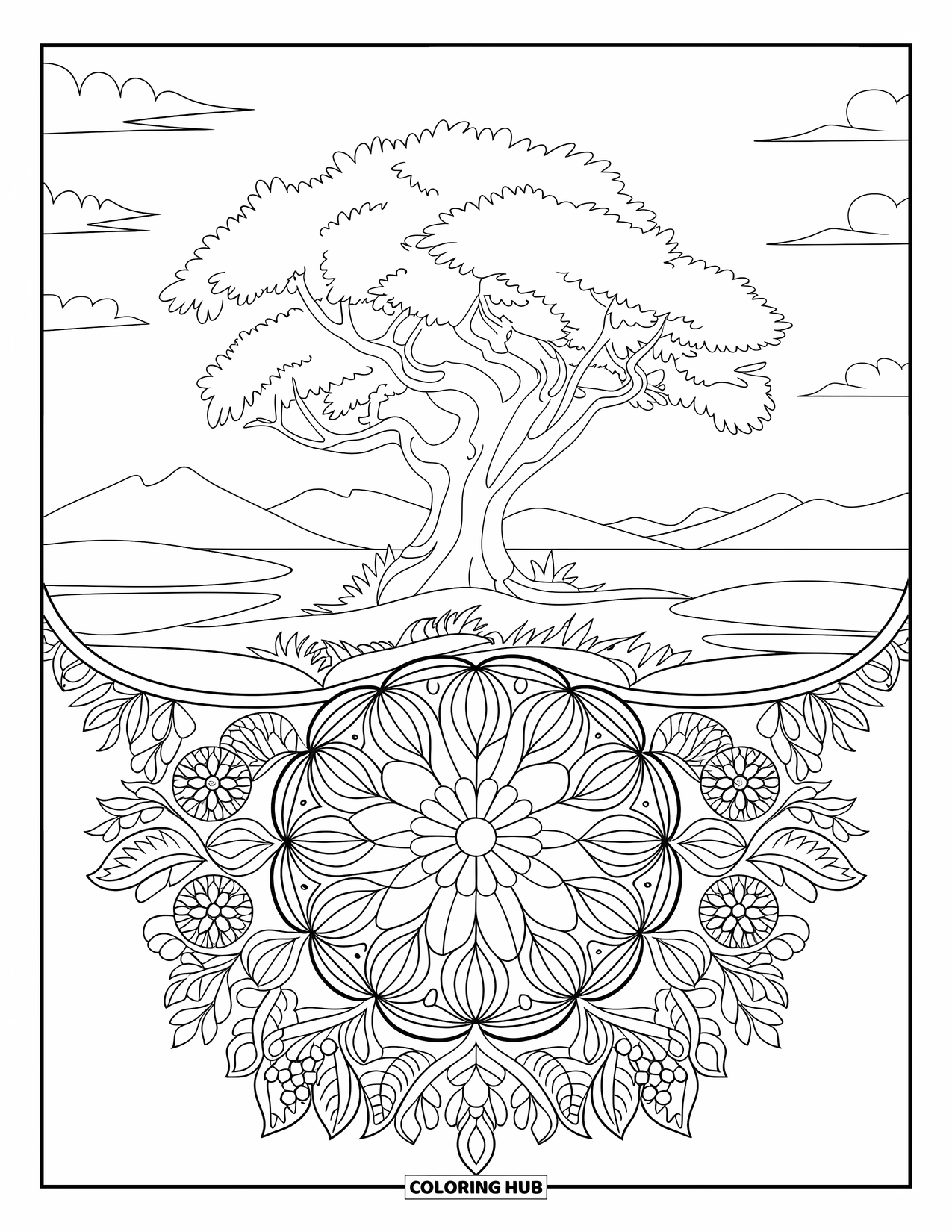 Outdoor Coloring Page for Adults: A mighty oak stands tall, its roots surrounded by a floral mandala