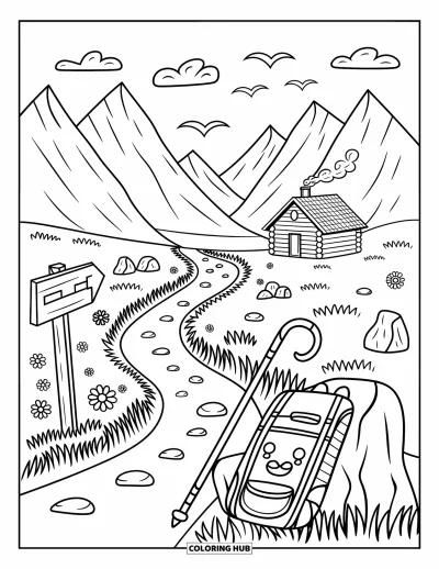 Desenho de cenas ao ar livre para colorir para adultos: Uma trilha de montanha serpenteia por flores e pedras em direção a uma cabana com fumaça saindo da chaminé