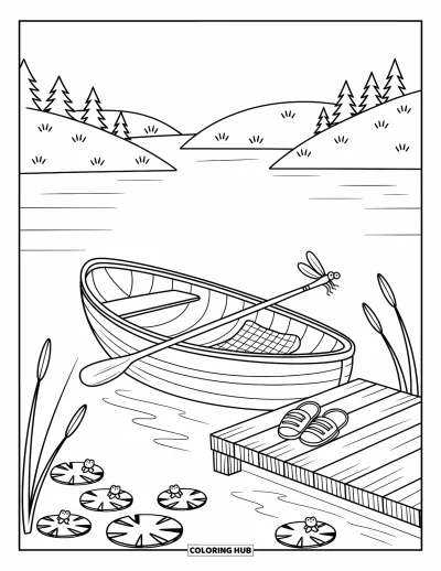 Desenho de cenas ao ar livre para colorir para adultos: Um barco tranquilo no lago com uma vara de pescar e um piquenique confortável