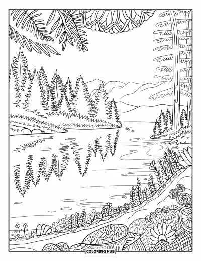Desenho de cenas ao ar livre para colorir para adultos: Um lago tranquilo com reflexos de pinheiros dentro de uma borda de mandala com folhas