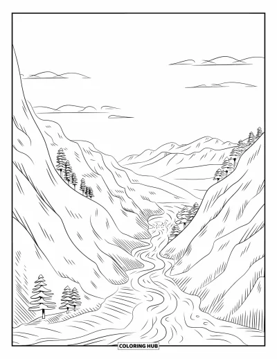 Desenho de cenas ao ar livre para colorir para adultos: Um rio sereno serpenteia por um vale de montanha arborizado