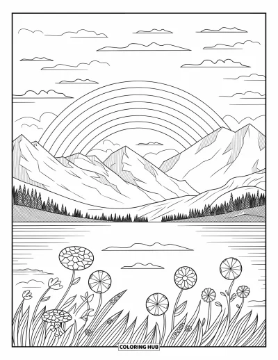 Desenho de cenas ao ar livre para colorir para adultos: Um arco-íris se forma sobre montanhas perto de um lago calmo e flores silvestres com padrões delicados