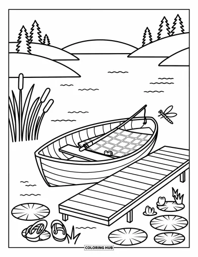 Desenho de cenas ao ar livre para colorir para adultos: Um barco a remo flutua ao lado de um cais com sandálias, uma toalha de piquenique e nenúfares