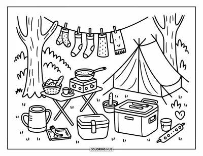 Desenho de cenas ao ar livre para colorir para adultos: Um acampamento na floresta repleto de detalhes, de utensílios de cozinha a meias penduradas no varal