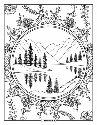 Desenho de cenas ao ar livre para colorir para adultos: Um lago tranquilo reflete as árvores, cercado por uma mandala inspirada na natureza