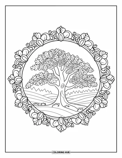 Desenho de cenas ao ar livre para colorir para adultos: Um carvalho robusto emoldurado por flores e videiras detalhadas em colinas suaves