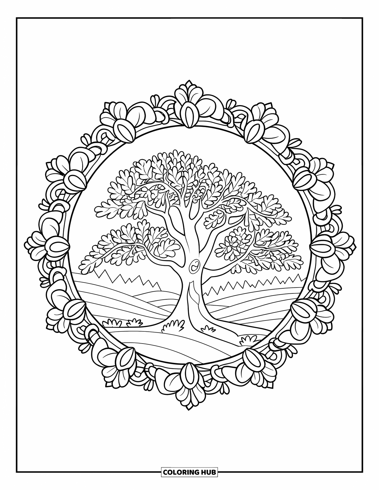 Outdoor Coloring Page for Adults: A sturdy oak tree is framed by detailed flowers and vines in gentle hills