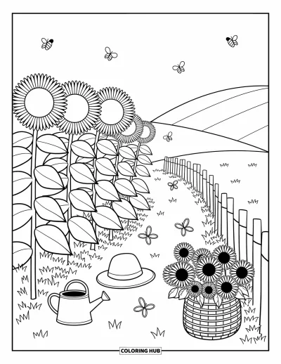 Desenho de cenas ao ar livre para colorir para adultos: Um caminho ensolarado serpenteia por girassóis gigantes com abelhas, borboletas e um pequeno regador