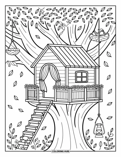 Desenho de cenas ao ar livre para colorir para adultos: Uma casinha na árvore charmosa com ninhos de pássaros, uma lanterna e folhas girando ao redor da varanda