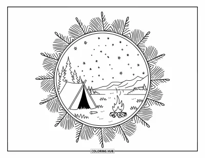 Desenho de cenas ao ar livre para colorir para adultos: Uma barraca e fogueira repousam perto de montanhas rochosas sob um céu repleto de estrelas