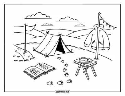 Desenho de cenas ao ar livre para colorir para adultos: Uma barraca perto de penhascos rochosos com um caderno de campo, bússola e uma jaqueta à deriva