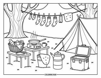 Desenho de cenas ao ar livre para colorir para adultos: Um acampamento organizado com lanches, equipamentos e um varal com roupas ao vento
