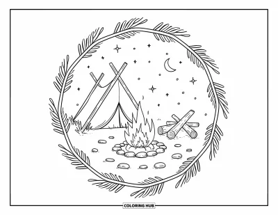 Desenho de cenas ao ar livre para colorir para adultos: Uma fogueira quentinha cintila ao lado de uma barraca estilo iglu sob a lua e as estrelas