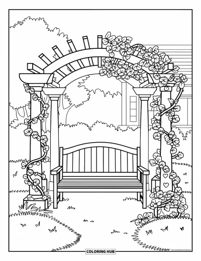 Desenho de cenas ao ar livre para colorir para adultos: Um caminho de jardim sinuoso leva a um banco tranquilo sob videiras floridas