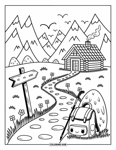 Desenho de cenas ao ar livre para colorir para adultos: Uma trilha sinuosa leva a uma cabana distante enquanto pássaros voam sobre as colinas