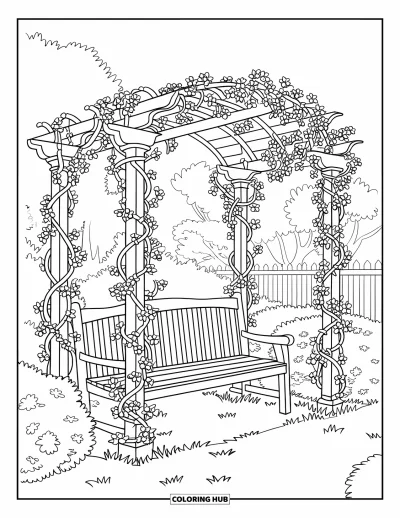Desenho de cenas ao ar livre para colorir para adultos: Um banco de madeira sob um pérgolado enfeitado de flores com árvores ao fundo