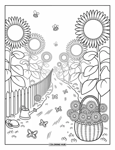 Desenho de cenas ao ar livre para colorir para adultos: Borboletas e abelhas dançam perto de uma trilha de girassóis e uma cesta de jardim acolhedora
