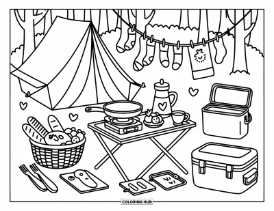 Desenho de cenas ao ar livre para colorir para adultos: Equipamentos de camping e uma barraca calorosa repousam tranquilamente numa clareira de floresta