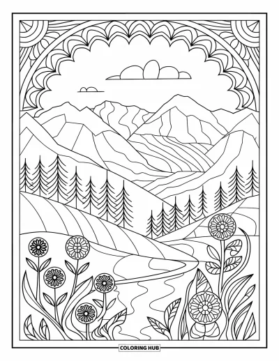 Desenho de cenas ao ar livre para colorir para adultos: Picos irregulares surgem atrás de flores silvestres com padrões estilo vitral