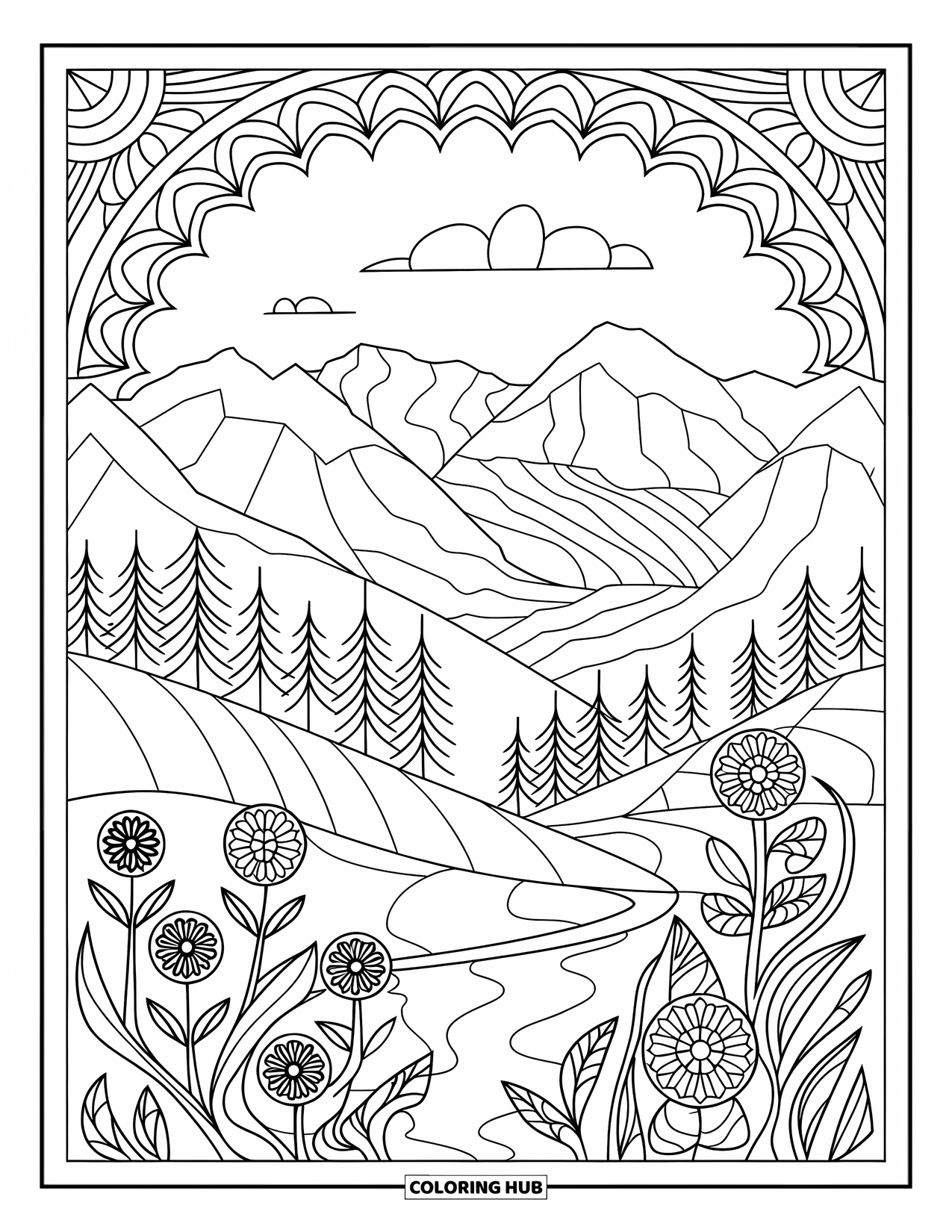 Outdoor Coloring Page for Adults: Jagged peaks rise behind wildflowers with stained glass-style patterns