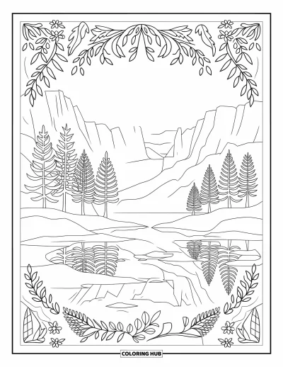 Desenho de cenas ao ar livre para colorir para adultos: Pinheiros se refletem em um lago calmo emoldurado por padrões de mandala com folhas