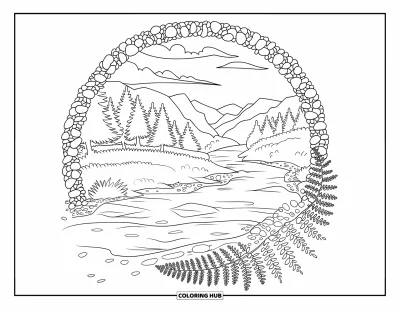 Desenho de cenas ao ar livre para colorir para adultos: Árvores altas cercam um rio suave dentro de um design de mandala com samambaias e pedrinhas