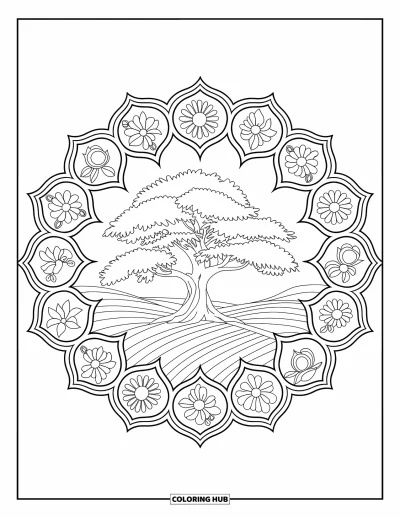 Desenho de cenas ao ar livre para colorir para adultos: Os galhos largos de um carvalho se estendem acima de um anel de formas em mandala floral