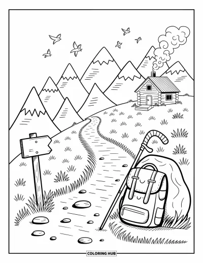 Desenho de cenas ao ar livre para colorir para adultos: Pequenos equipamentos e flores silvestres margeiam um caminho tranquilo com vista para uma cabana ao longe