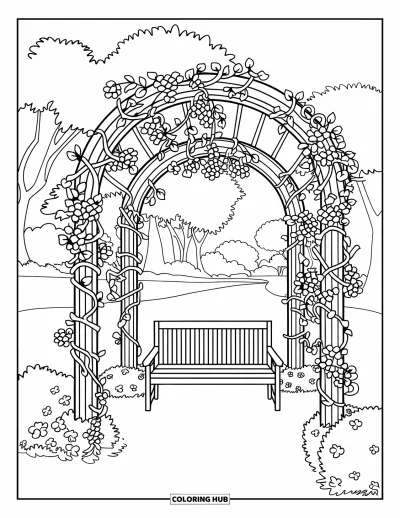 Desenho de cenas ao ar livre para colorir para adultos: Videiras e flores se enrolam ao redor de um banco de jardim sob um pérgolado de madeira sereno