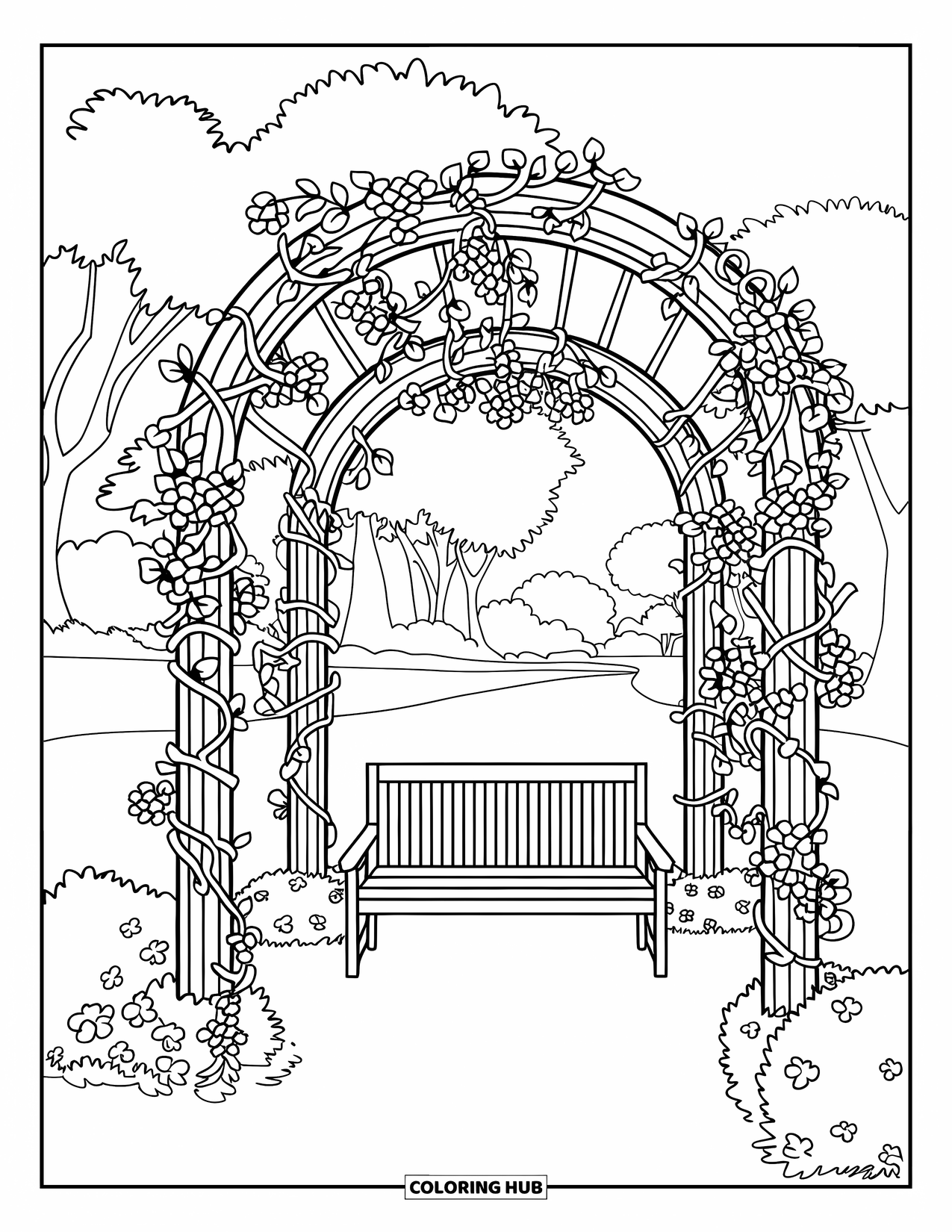 Outdoor Coloring Page for Adults: Vines and flowers curl around a garden bench under a peaceful wooden arbor