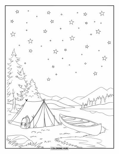 Desenho de cenas ao ar livre para colorir para crianças: Uma mochila e uma barraca repousam ao lado de uma canoa num lugar tranquilo à beira do lago