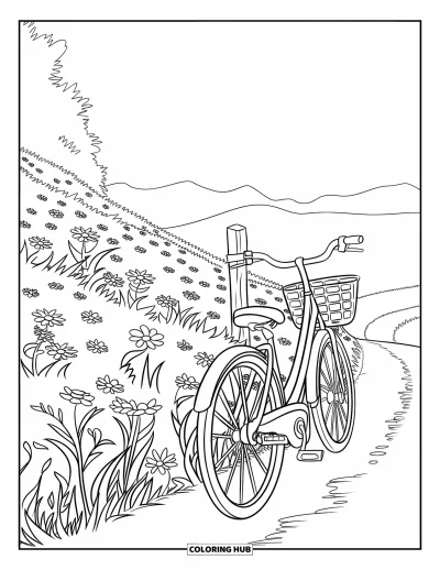 Desenho de cenas ao ar livre para colorir para crianças: Uma bicicleta com cesta repousa ao lado de flores silvestres e colinas onduladas