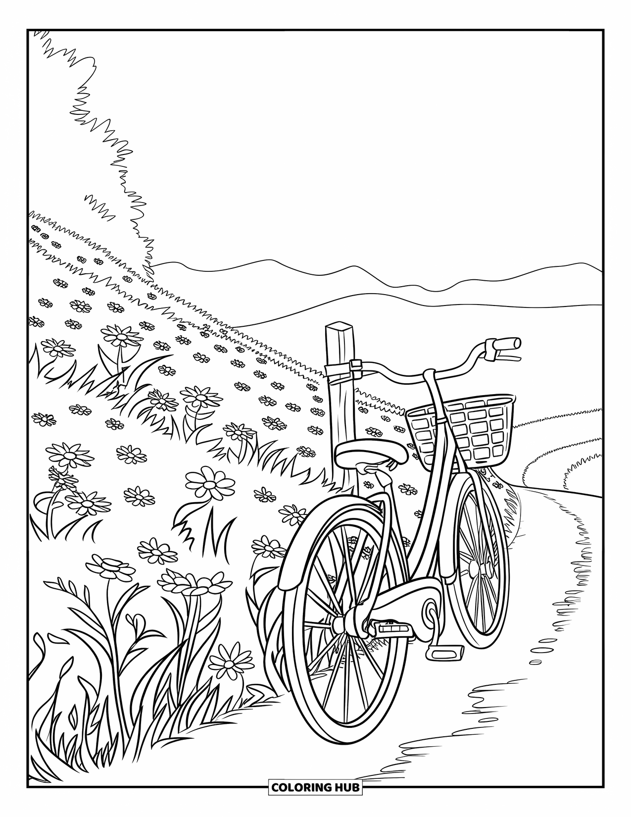 Outdoor Coloring Page for Kids: A basket-topped bike rests by wildflowers and rolling hills