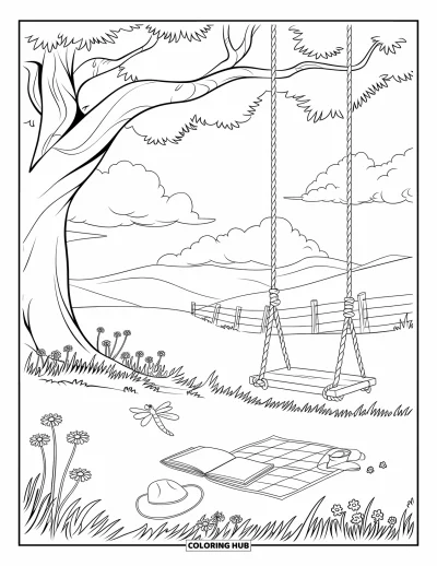 Desenho de cenas ao ar livre para colorir para crianças: Uma árvore grande sustenta um balanço sobre flores silvestres e uma colcha de piquenique aconchegante