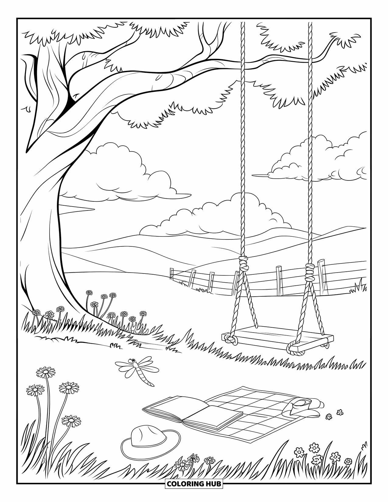 Outdoor Coloring Page for Kids: A big tree holds a swing above wildflowers and a cozy picnic quilt