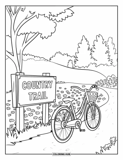 Desenho de cenas ao ar livre para colorir para crianças: Uma bicicleta com cesta estacionada ao longo de uma trilha com flores silvestres