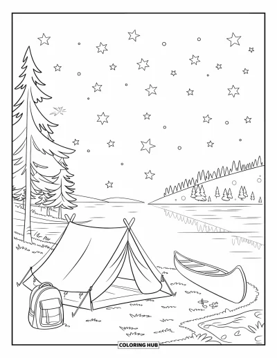 Desenho de cenas ao ar livre para colorir para crianças: Um acampamento tranquilo à beira do lago brilha sob um céu estrelado
