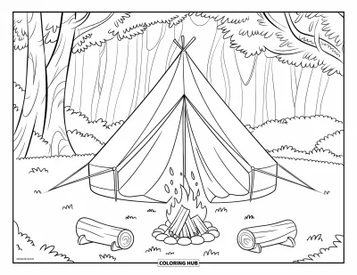 Desenho de cenas ao ar livre para colorir para crianças: Uma barraca de lona e uma fogueira calorosa numa clareira tranquila da floresta
