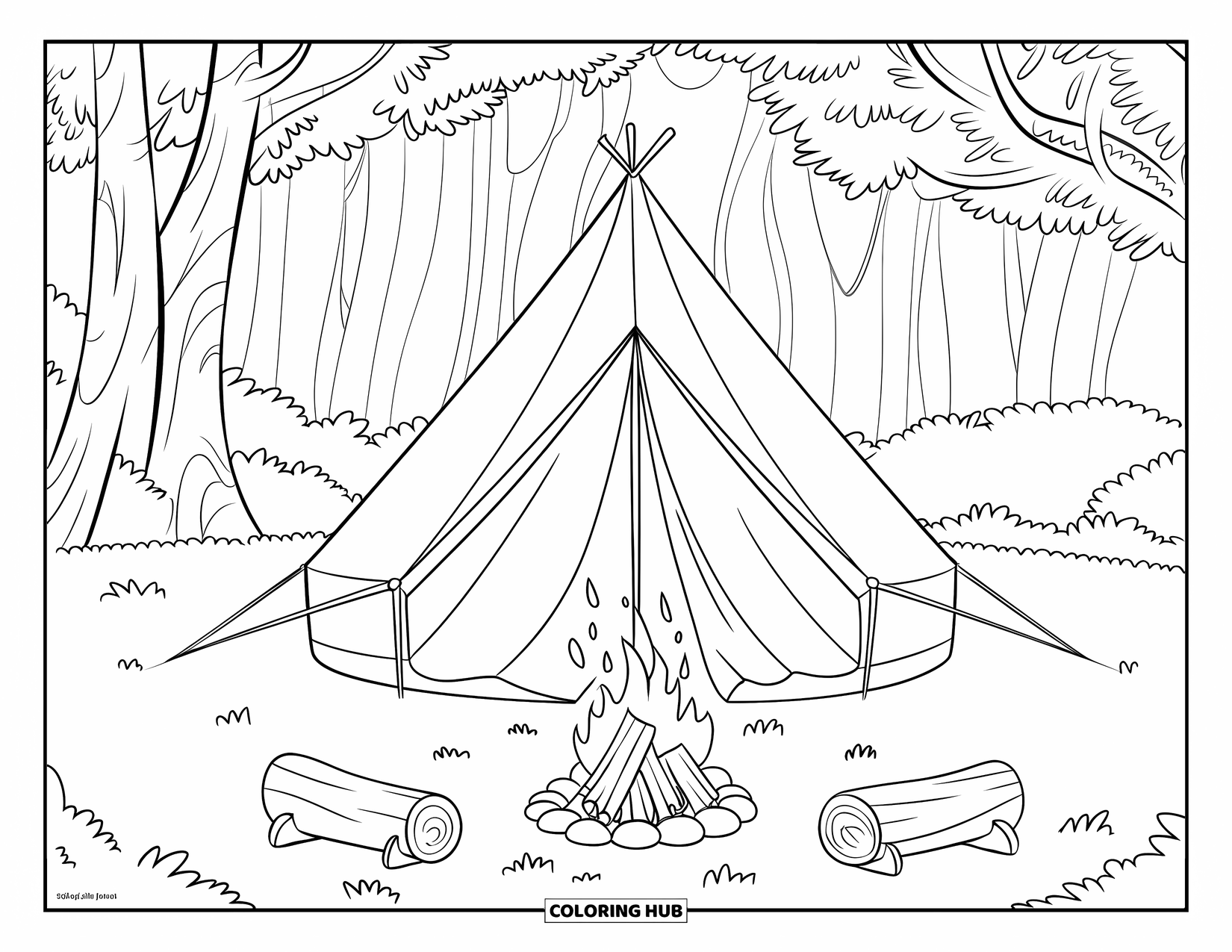 Outdoor Coloring Page for Kids: A canvas tent and cozy fire sit in a peaceful forest clearing