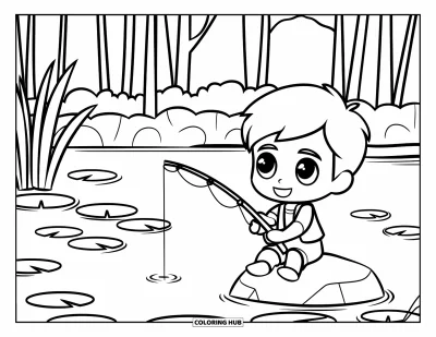 Desenho de cenas ao ar livre para colorir para crianças: Um menino chibi pesca tranquilamente ao lado de um lago coberto de nenúfares